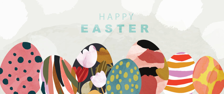 Happy Easter watercolor background vector. Hand painted easter eggs decorate with colorful flower and brush paint pattern texture. Adorable doodle design for decorative, card, kids, banner, poster.