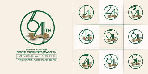 set of anniversary logotype green color in circle and brown ribbon for special celebration event