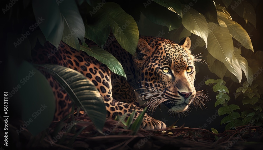 Wall mural leopard hiding in the forest. created with generative ai.