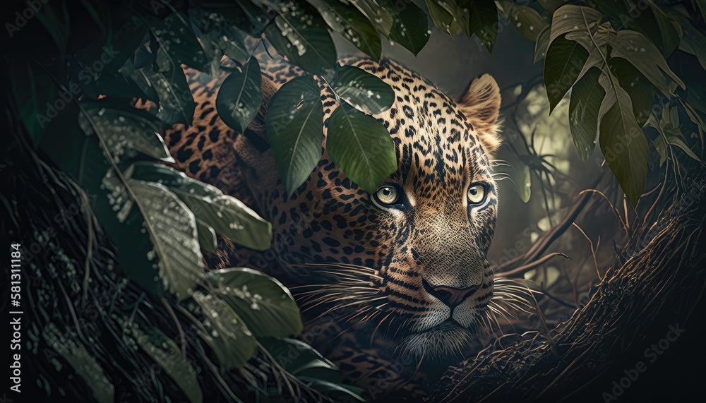 Wall mural leopard hiding in the forest. created with generative ai.