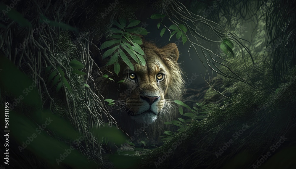 Wall mural hidden lion in the forest. created with generative ai.