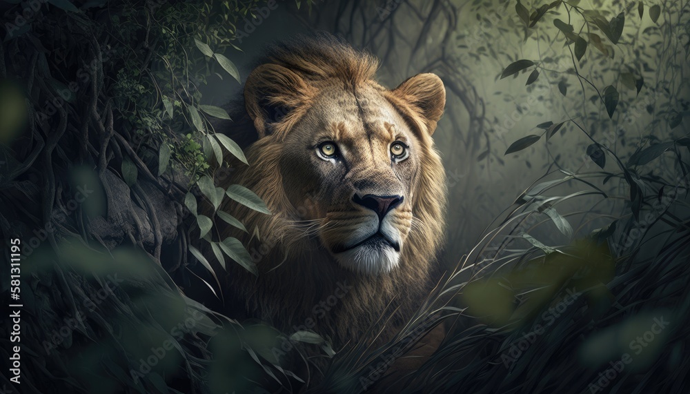 Sticker hidden lion in the forest. created with generative ai.