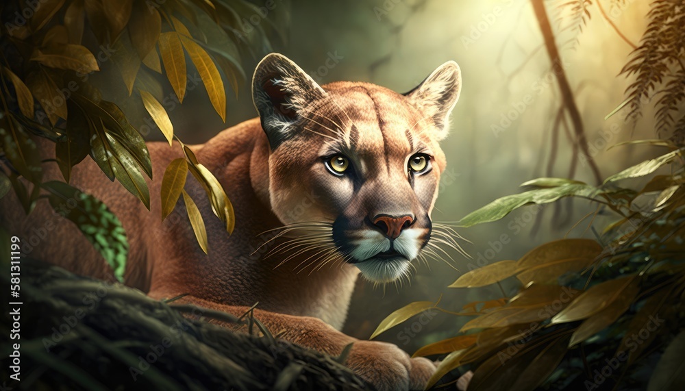 Wall mural puma hidden in the forest. created with generative ai.
