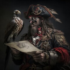 Incredible Cinematic Shot of Vintage Pirate with Parrot, Treasure Map & 8K Details by Marcin Nagraba & Rebecca Millen on White Background 3 , Generative ai - obrazy, fototapety, plakaty