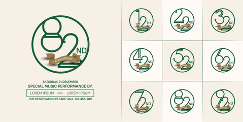 set of anniversary logotype green color in circle and brown ribbon for special celebration event