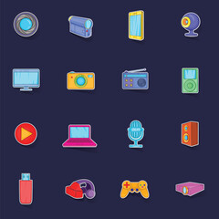 Multimedia icons set stikers collection vector with shadow on purple background