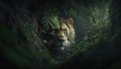 hidden lion in the forest. Created with Generative AI. - obrazy, fototapety, plakaty