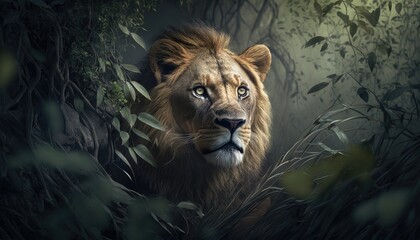 hidden lion in the forest. Created with Generative AI.