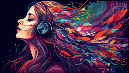 girl with long hair enjoying music, colorful, passion