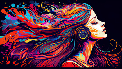 girl with long hair enjoying music, colorful, passion