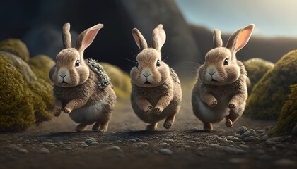 three cute young rabbits. Created with Generative AI. - obrazy, fototapety, plakaty