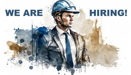 We are hiring - architect, construction manager, engineer, site manager, technician. Businessman with a blue hart hat. Generative AI