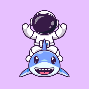 Cute Astronaut With Cute Shark Cartoon Vector Icon Illustration. Science Animal Icon Concept Isolated Premium Vector. Flat Cartoon Style