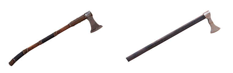 Medieval Old Antique Axe with Wooden Handle on White Background. File with clipping Path.
