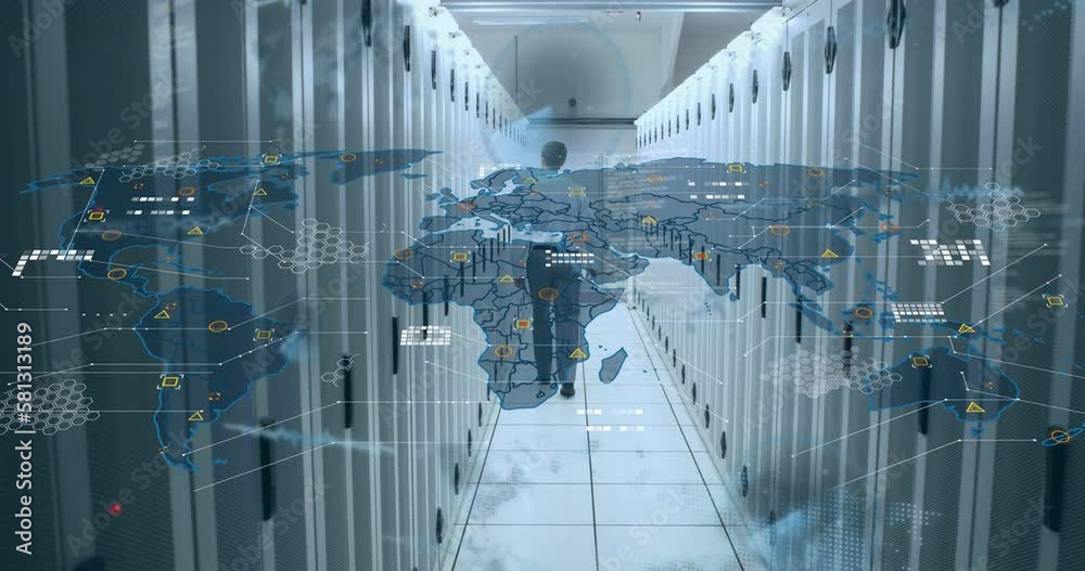 Poster animation of world map and data processing over caucasian businessman by computer servers