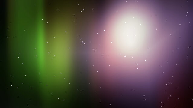 Aurora in green and purple color with star background. 2D layout illustration