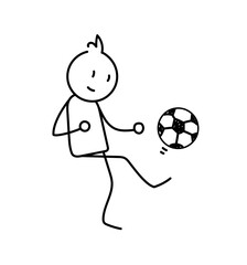 Stick figure doodle kicks a soccer ball, a hand drawn vector of a cartoon person playing football, isolated on a white background.