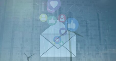 Animation of media icons in envelope over data processing and wind turbines - Powered by Adobe