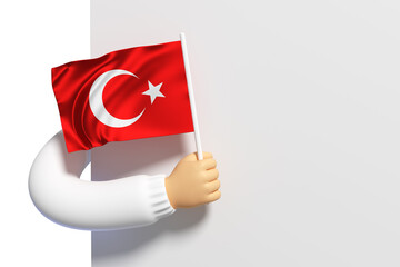 3d render, funny cartoon character hand in white sweater, hand with Turkey Flag to blank banner with copy space, white background. Advertisement poster mockup, attention concept