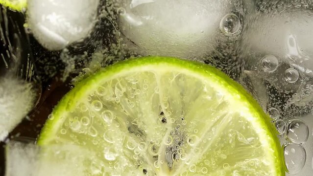 Cocktail or alcoholic drink, with lime and ice cubes in the glass. Pouring drink over the container. vertical shot