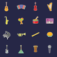Musical instruments icons set stikers collection vector with shadow on purple background