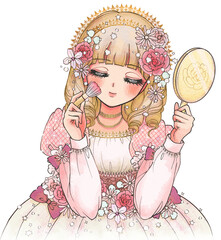 手鏡でメイクをする少女まんが風のお姫様のイラスト