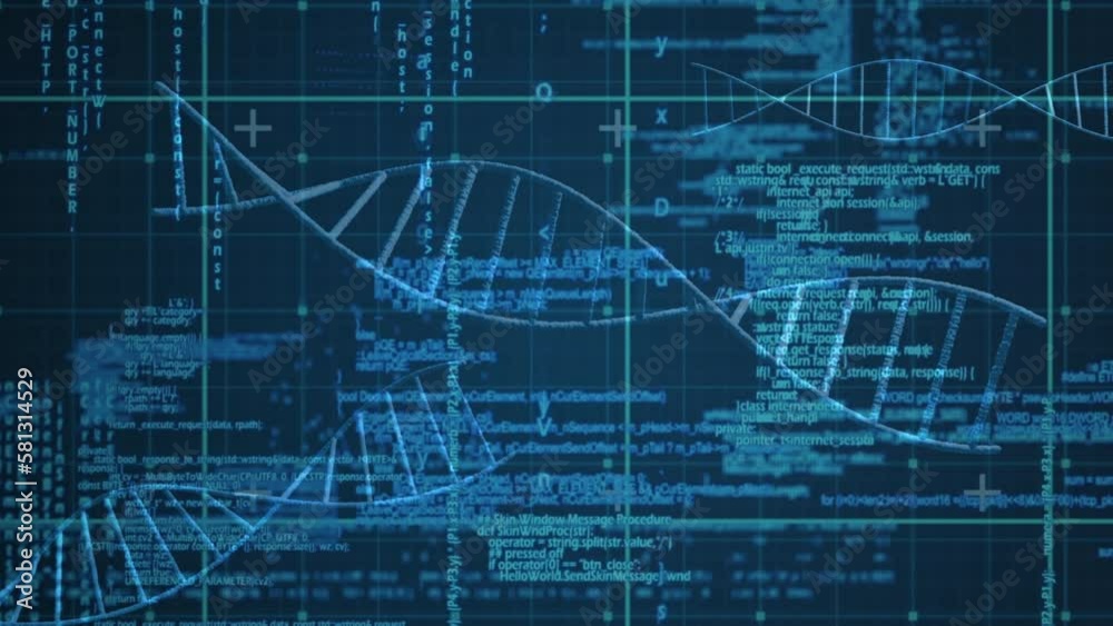 Poster animation of dna strands spinning over data processing and grid