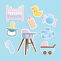 Set of Baby Stuff and Equipment Cute Sticker Illustration