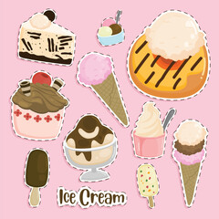 Set of Sweet Ice Cream and Dessert Cute Sticker Illustration