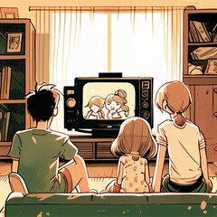 Family Watching Television | Anime Style | Parents love