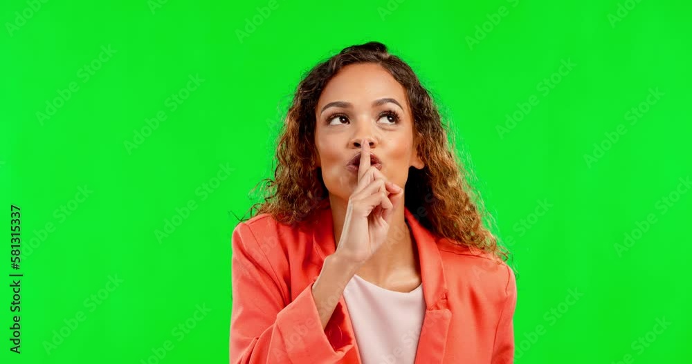 Poster Secret, hush and face of a woman in a studio with a finger on her mouth for gossip or silence. Whisper, noise and portrait of a female model with a quiet hand gesture by a green screen background.