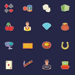 Casino icons set stikers collection vector with shadow on purple background
