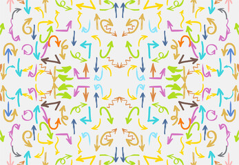 Abstract arrow icons background. Various doodle arrows in different shapes in multiple colors. Fabric texture.Background for media and web.