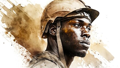 african american soldier, portrait, watercolor illustration. Generative AI