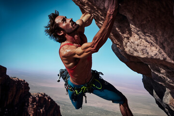 Muscular strong male athlete climbs a steep cliff, rock climbing sport. Stern look to achieve the goal to climb to the top, a difficult site. Generative AI - obrazy, fototapety, plakaty