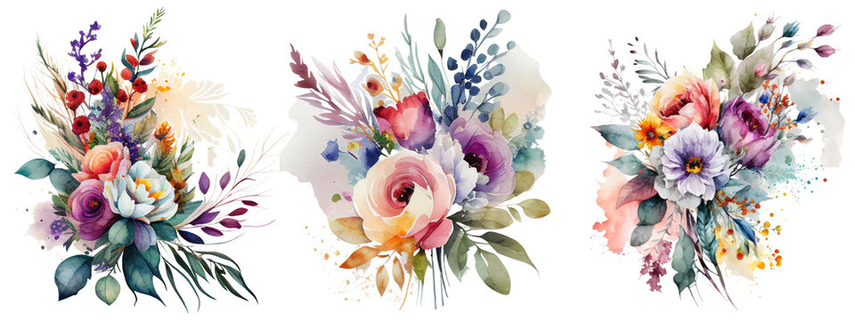 Watercolor flowers, wedding bouquet. Generative AI