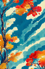 Illustration of tree with leaves and sky in watercolor