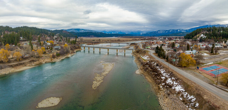 Bonners Ferry Idaho USA Aerial Panoramic Overhead Sky View of City Kootenay River