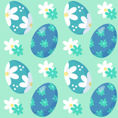 Pattern seamless with blue Easter eggs and flowers. Happy easter holiday elements. Spring easter pattern design for postcard, wrapping paper, textile, wallpaper.
