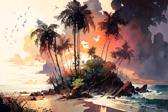 Tropical seaside tentalapas with large palms and ferns and birds-of-paradise and hibiscus, sandy beach, crashing waves, Mayan ruins, sunset, cumulus clouds. 
Generative AI.
