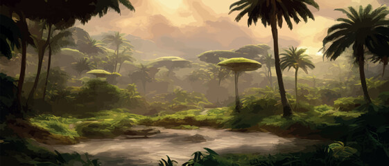 African rainforest. African jungle rainforest panorama with tropical vegetation, exotic fantasy landscape banner vector illustration. african savannah - obrazy, fototapety, plakaty