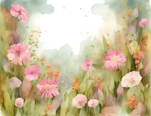Obraz na płótnie Canvas Watercolor spring flowers background created with generative ai