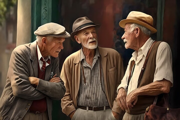 a group of elderly senior men best friends sitting together having a beer, buddies forever