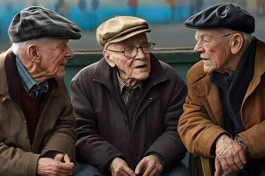 a group of elderly senior men best friends sitting together having a beer, buddies forever