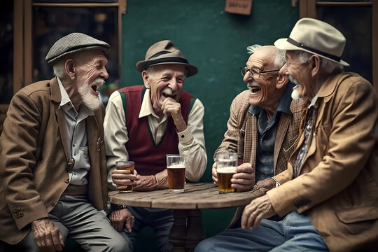 a group of elderly senior men best friends sitting together having a beer, buddies forever