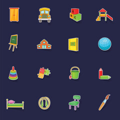 Kindergarten security icons set stikers collection vector with shadow on purple background