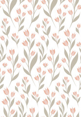 Fototapeta premium Vector seamless shabby chic pattern. Flat texture with small coral flowers on stems with foliage. Ditsy fabric.