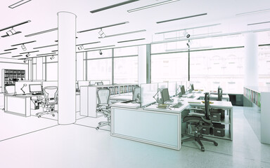 Fototapeta na wymiar Büroeinrichtung eines offenen Großraumbüros im Entwurf - 3D-Visualisierung