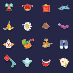 April fools day icons set stikers collection vector with shadow on purple background