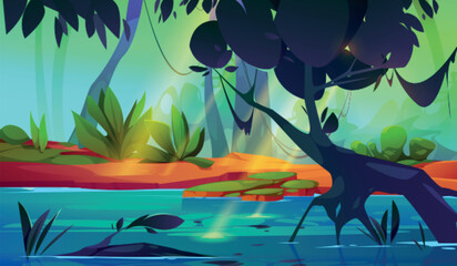 Fototapeta na wymiar Tropical jungle forest with river vector background. Water in amazon lake nature cartoon landscape. Illustrated rainforest with beautiful swamp and tree scene. Wild sunny summer game picture.